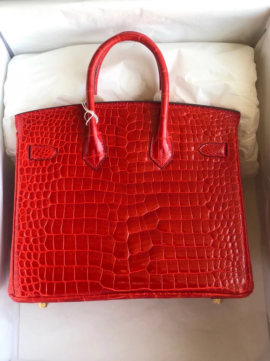 Hermès（爱马仕）Birkin 25cm Porosus shiny 亮面澳洲湾鳄 ck95 法拉利红 Braise 金扣 顶级手缝 现货