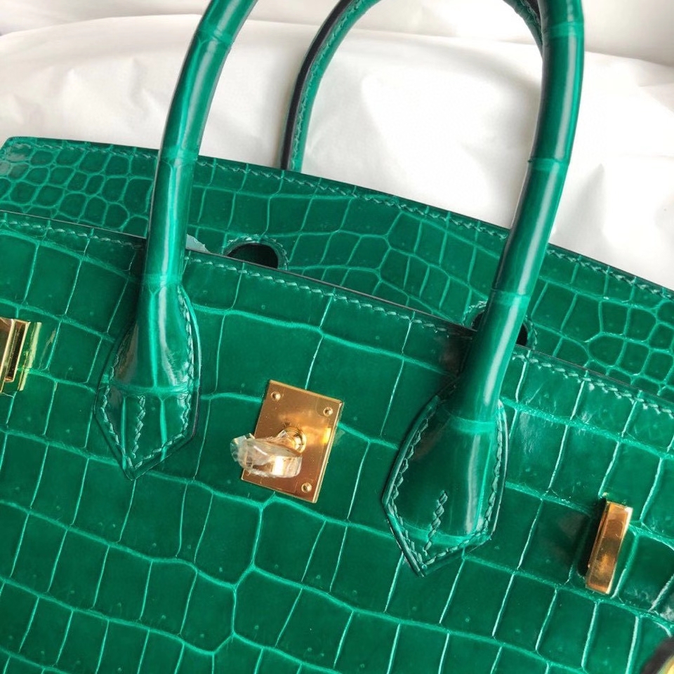 Hermès（爱马仕）Birkin 25cm Porosus shiny 亮面澳洲湾鳄鳄鱼 7Ｑ翡翠绿 金扣 正品五金 定制