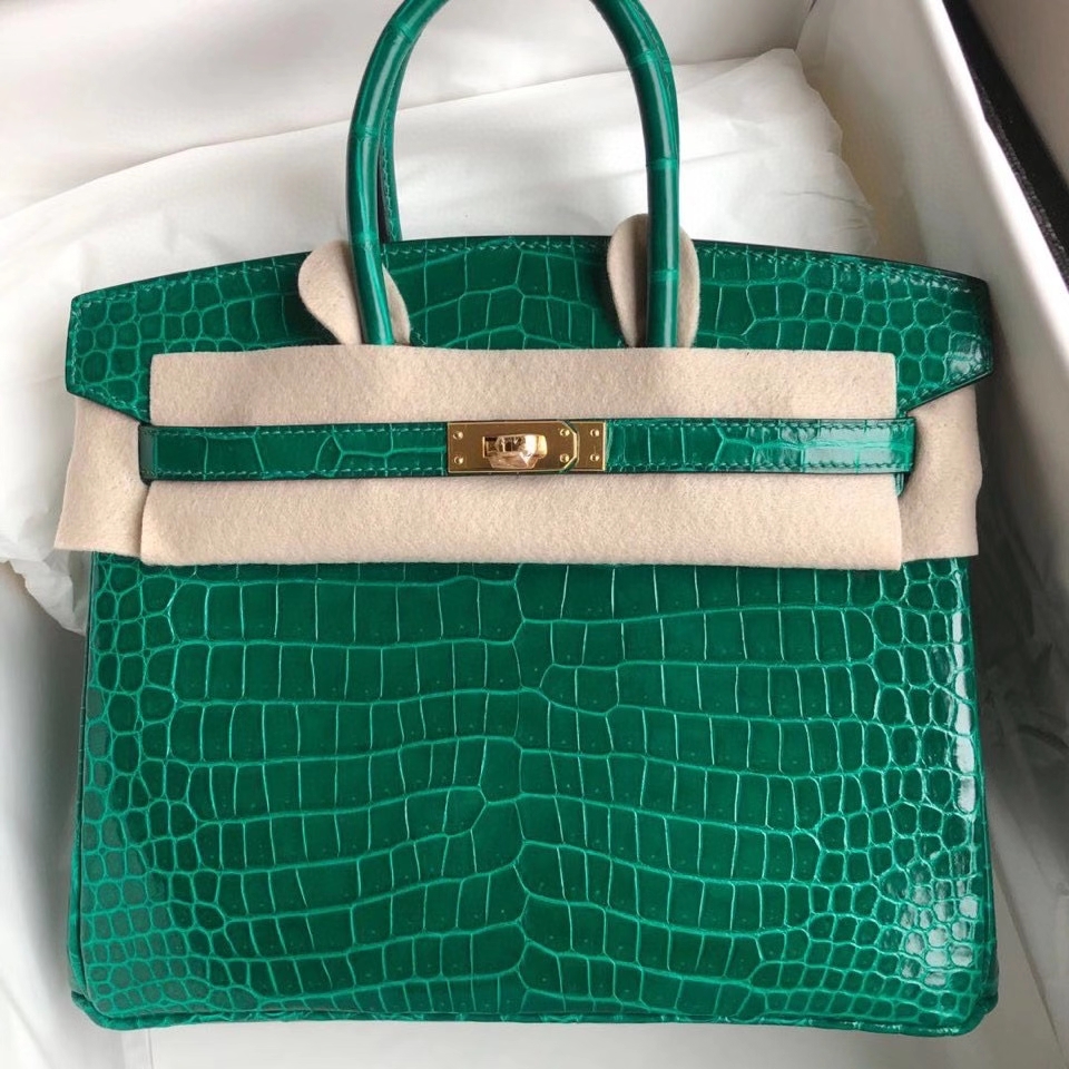 Hermès（爱马仕）Birkin 25cm Porosus shiny 亮面澳洲湾鳄鳄鱼 7Ｑ翡翠绿 金扣 正品五金 定制