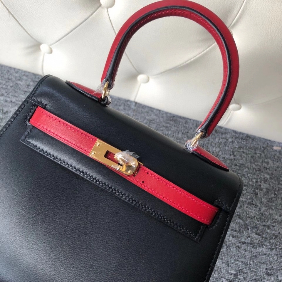 Hermès（爱马仕）Kelly 20cm Box calf ck89 黑色 拼国旗红 金扣