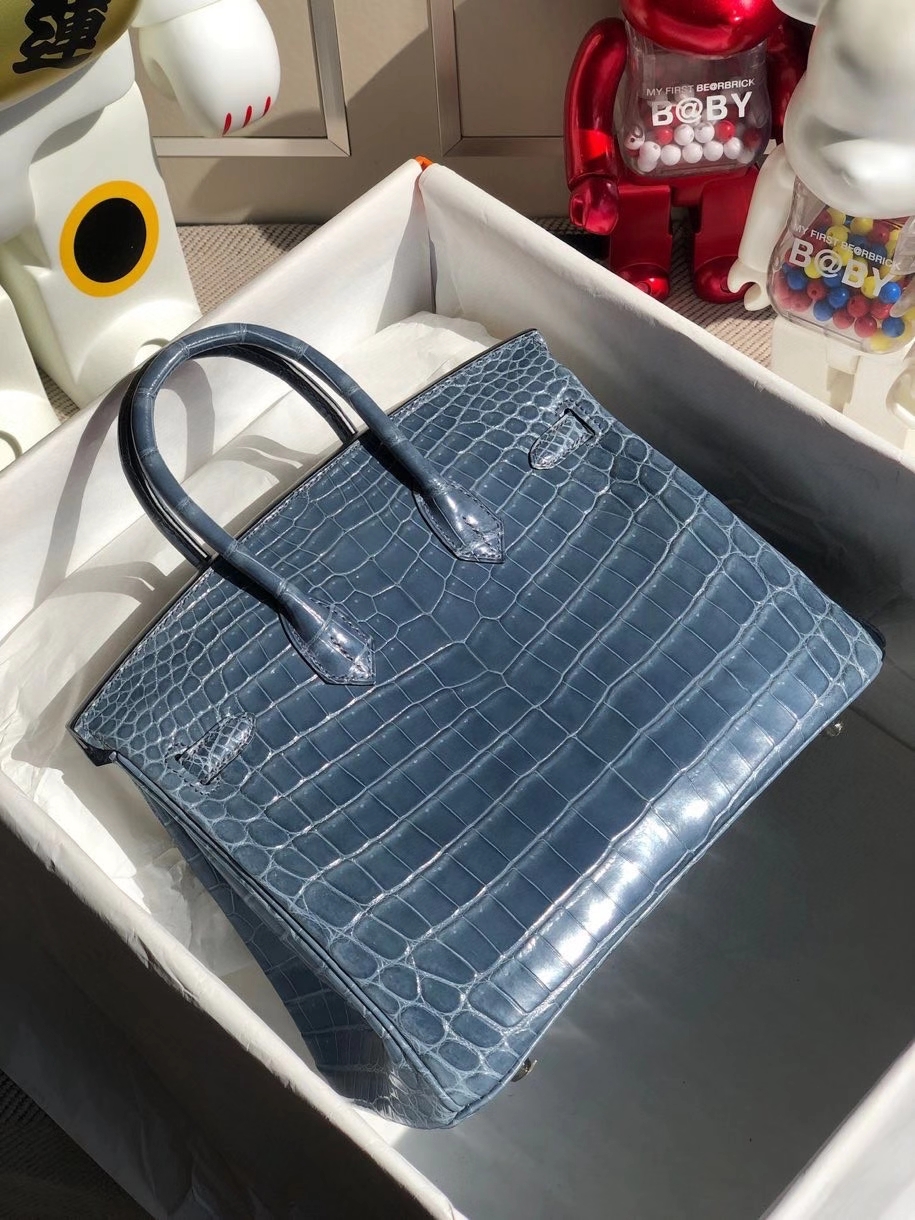 Hermès（爱马仕）Birkin 25cm Crocodile shiny 亮面鳄鱼 N7 风暴蓝 银扣 顶级手缝 品相完美 现货