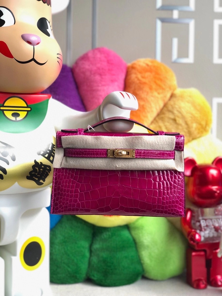 Hermès（爱马仕）Mini kelly pochette 22cm Alligator shiny 亮面鳄鱼 J5 天方夜谭粉紫 金扣  顶级手缝 晚宴包 现货