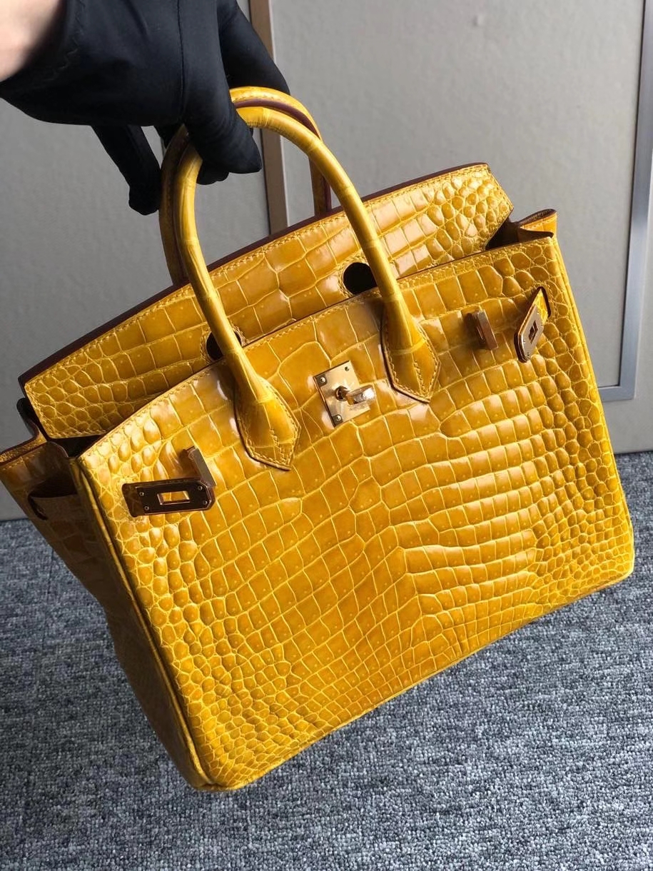 Hermès（爱马仕）Birkin 25cm Porosus shiny 亮面澳洲湾鳄 9Ｄ 琥珀黄 Ambre 金扣 顶级手缝 现货
