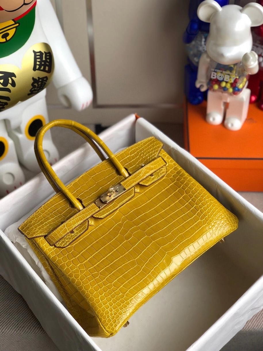 Hermès（爱马仕）Birkin 30cm Porosus shiny 亮面澳洲湾鳄9Ｄ 琥珀黄 Ambre 金扣 银扣 顶级手缝 现货