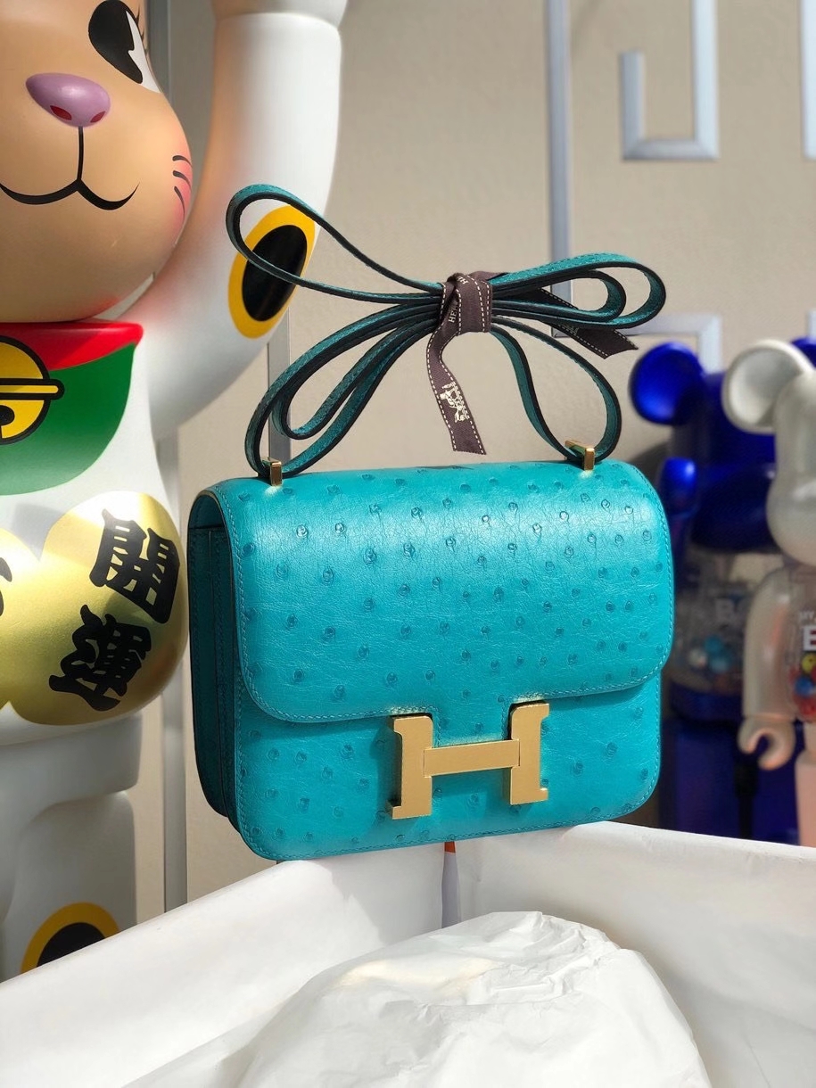 Hermès（爱马仕）Constance 18cm Ostrich kk 鸵鸟 7F 孔雀蓝 金扣 顶级手缝 现货