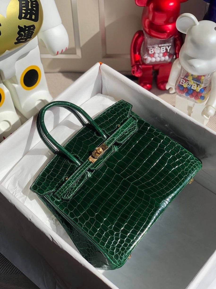 Hermès（爱马仕）Birkin 25cm Crocodile shiny 亮面鳄鱼 深翡翠绿 银扣 顶级手缝  品相完美 现货