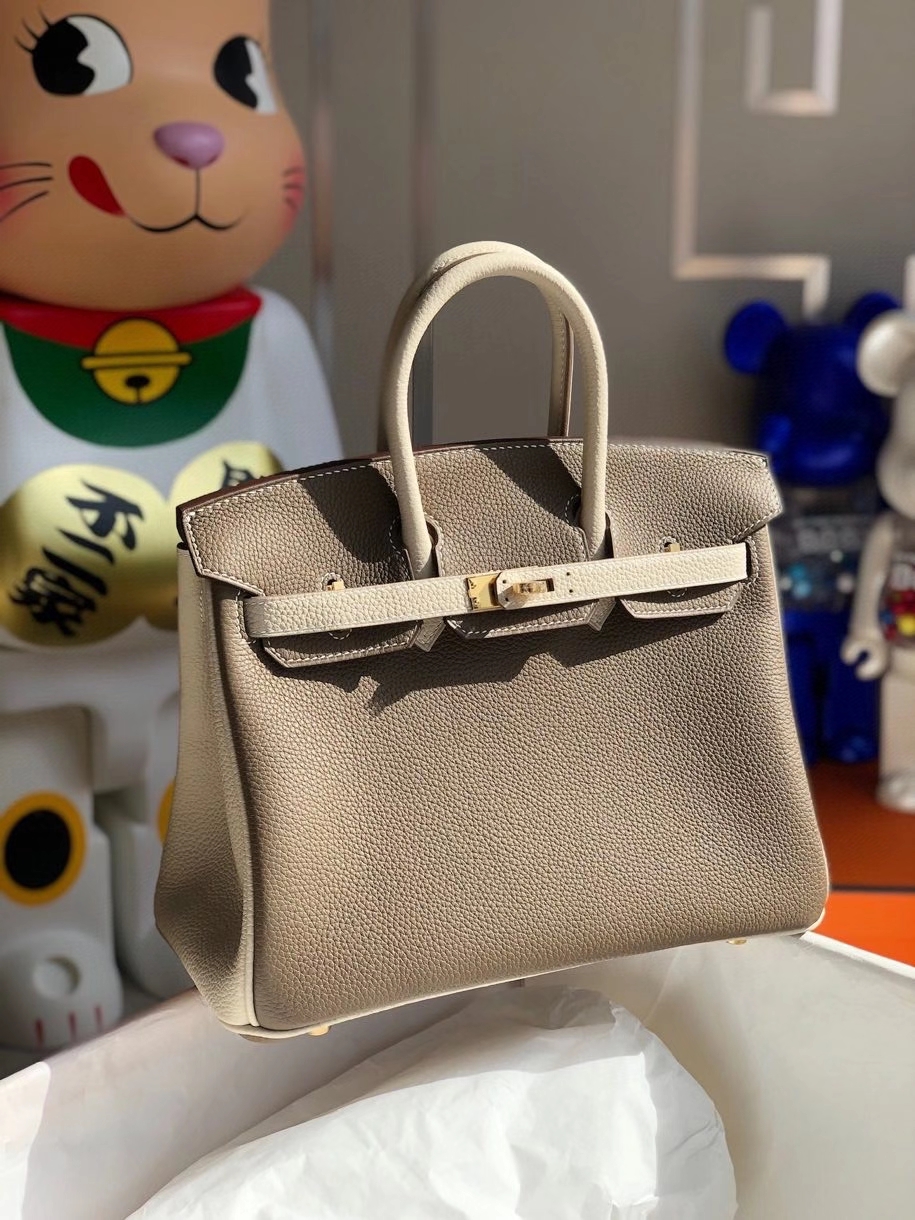 Hermès（爱马仕）Birkin 25cm togo 原厂小牛皮 ck18大象灰拼奶昔白 金扣 马蹄印 顶级手缝