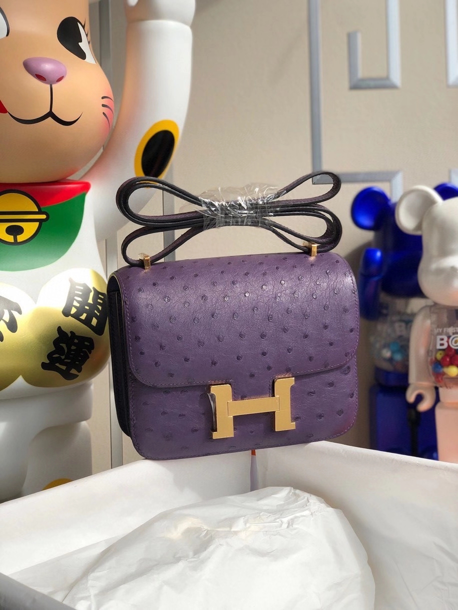 Hermès（爱马仕）Constance 18cm Ostrich kk 鸵鸟  葡萄紫 金扣 顶级手缝 现货