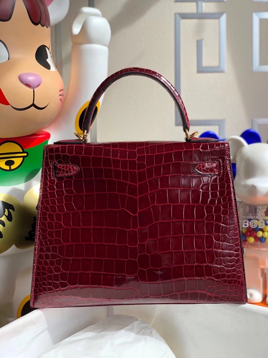 Hermès（爱马仕）Kelly 28cm porosus shiny 亮面澳洲湾鳄  ck57 波尔多酒红 金扣 顶级手缝 现货