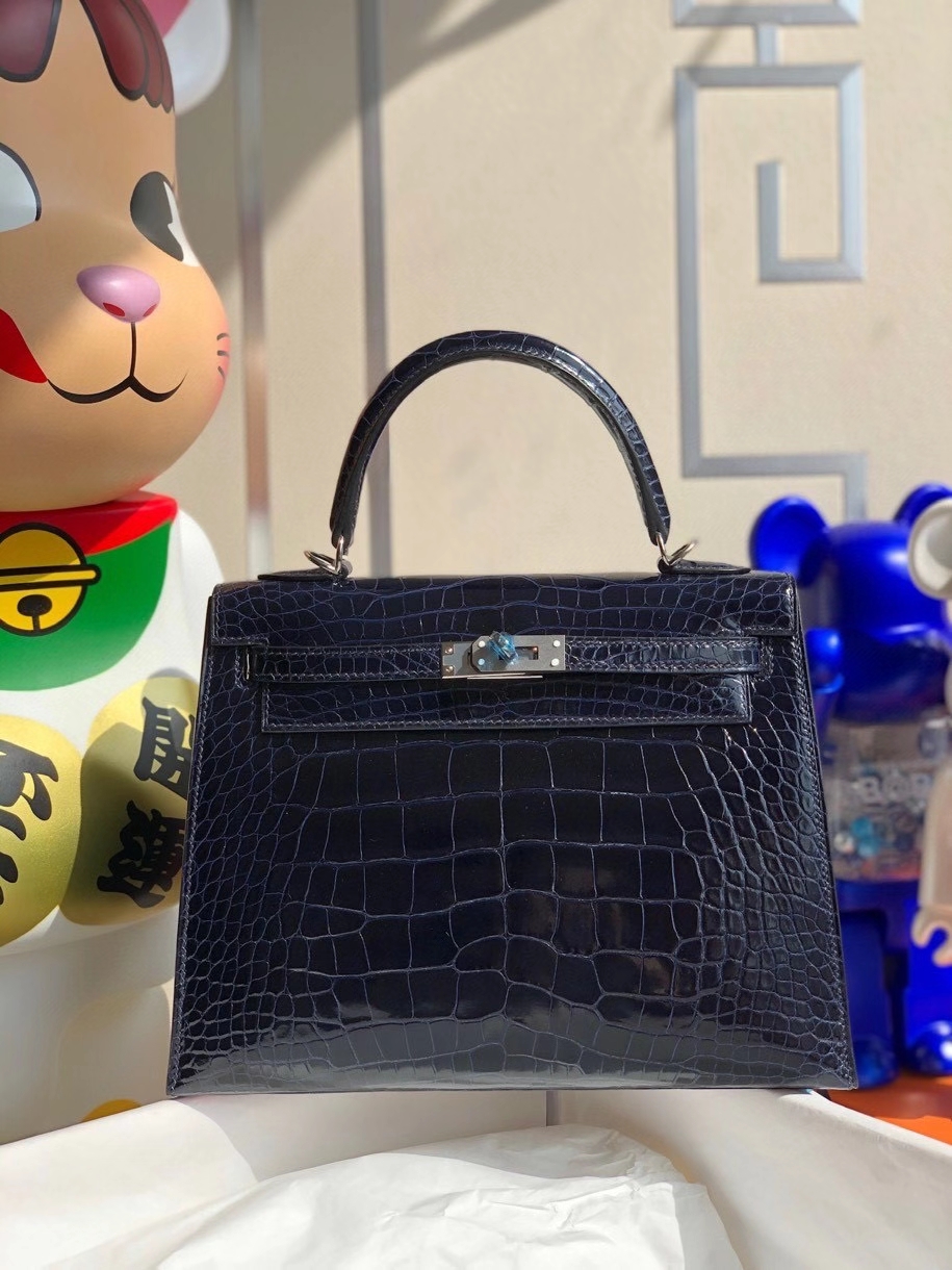 Hermès（爱马仕）Kelly 25cm Alligator shiny 亮面鳄鱼 宝石蓝 银扣 顶级手缝  现货