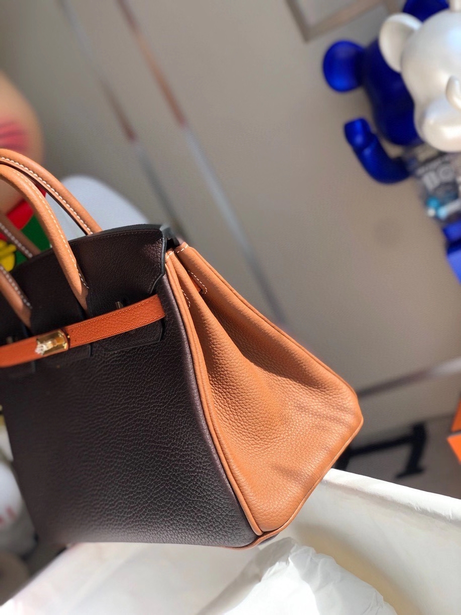 Hermès（爱马仕）Birkin 25cm togo 原厂小牛皮  巧克力色拼橙色拼金棕 金扣 马蹄印 顶级手缝