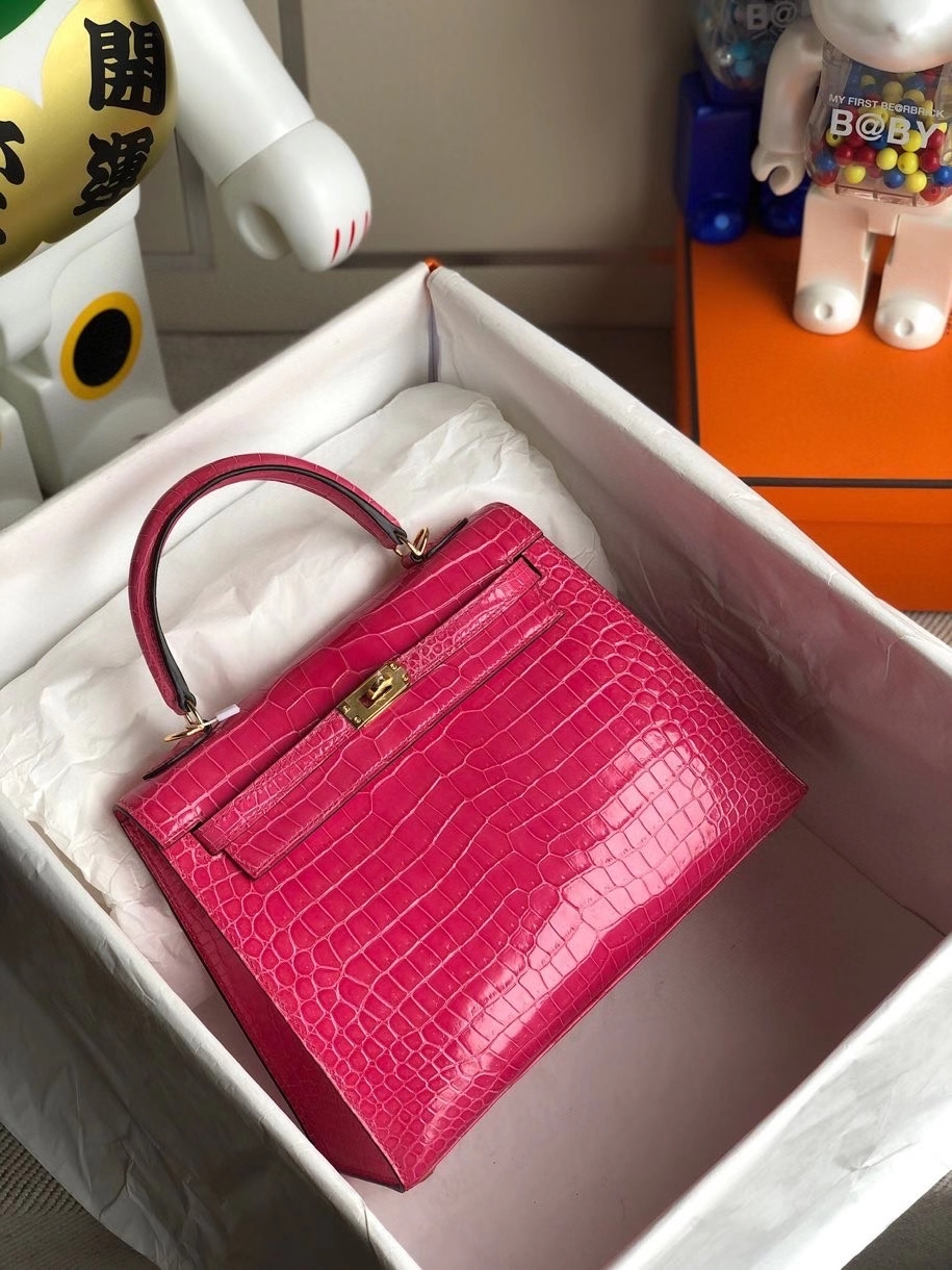 Hermès（爱马仕）Kelly 25cm Porosus shiny 亮面澳洲鳄鱼 5J 桃粉 金扣 顶级手缝 现货