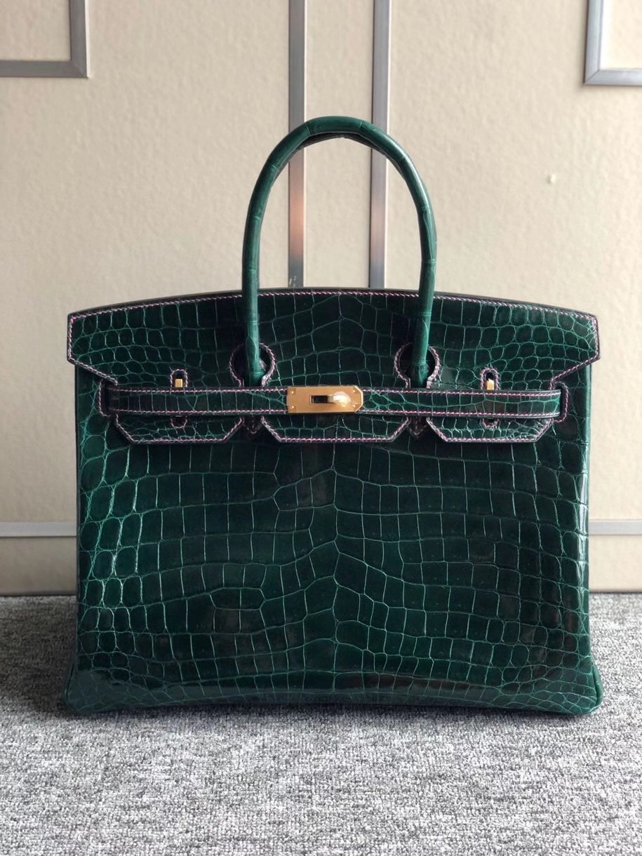 Hermès（爱马仕）Birkin 35cm Crocodile shiny 亮面鳄鱼 ck67 祖母绿 金扣 天方夜谭粉紫色线 顶级手缝 现货