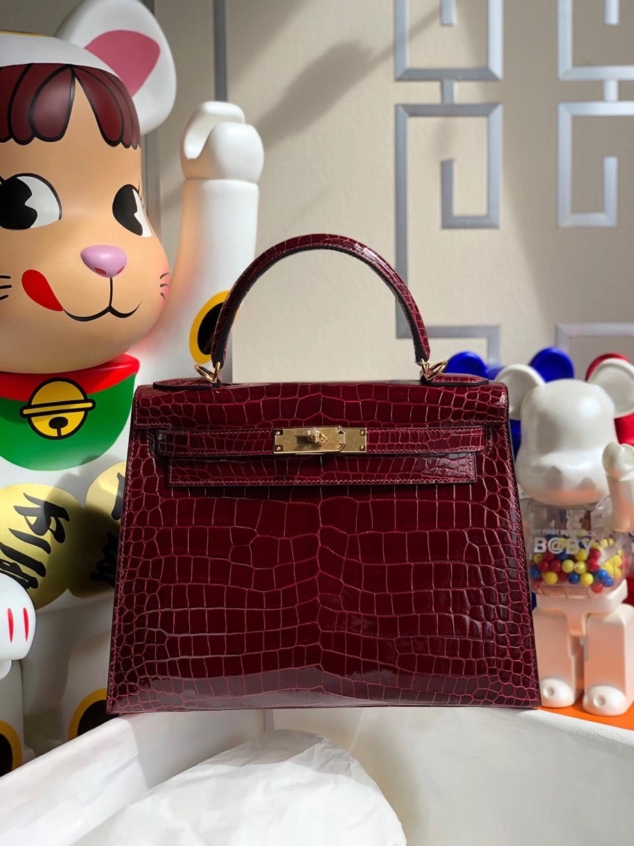 Hermès（爱马仕）Kelly 28cm porosus shiny 亮面澳洲湾鳄  ck57 波尔多酒红 金扣 顶级手缝 现货