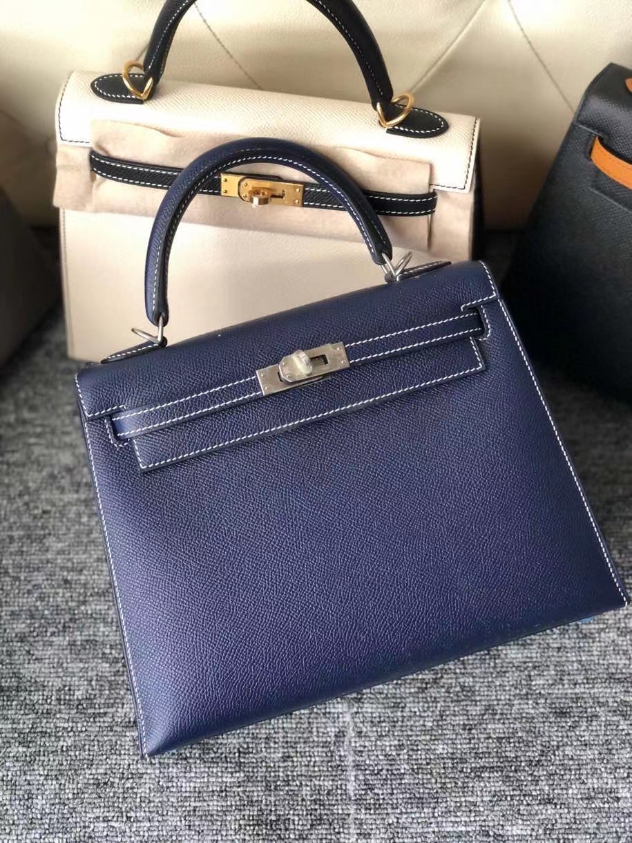 Hermès（爱马仕）Kelly 25cm Epsom 原厂掌纹皮  宝石蓝 拉丝银扣  白色线