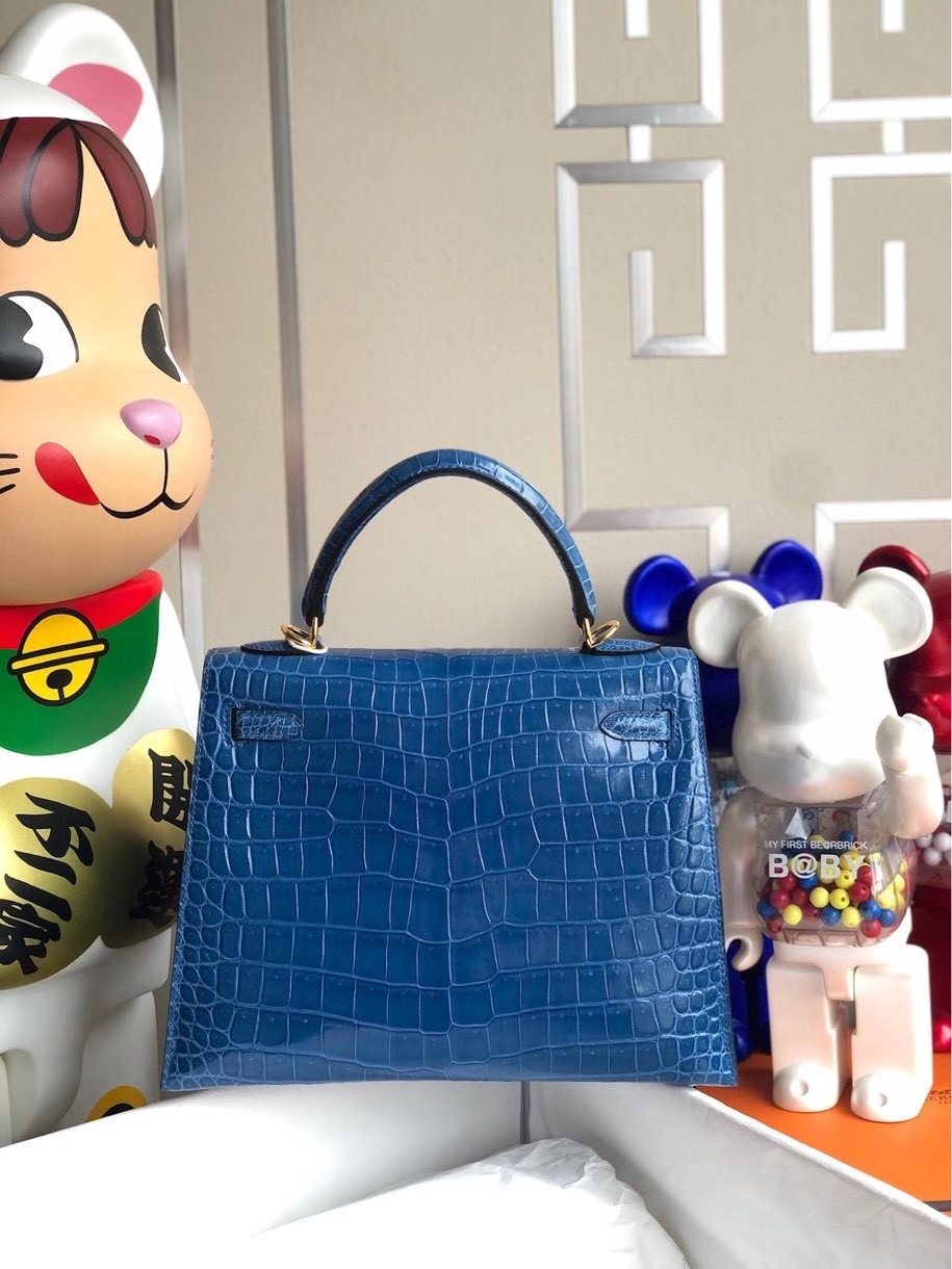 Hermès（爱马仕）Kelly 25cm Porosus shiny 亮面澳洲湾鳄 7Ｑ希腊蓝 Mykonos 金扣 顶级手缝 现货