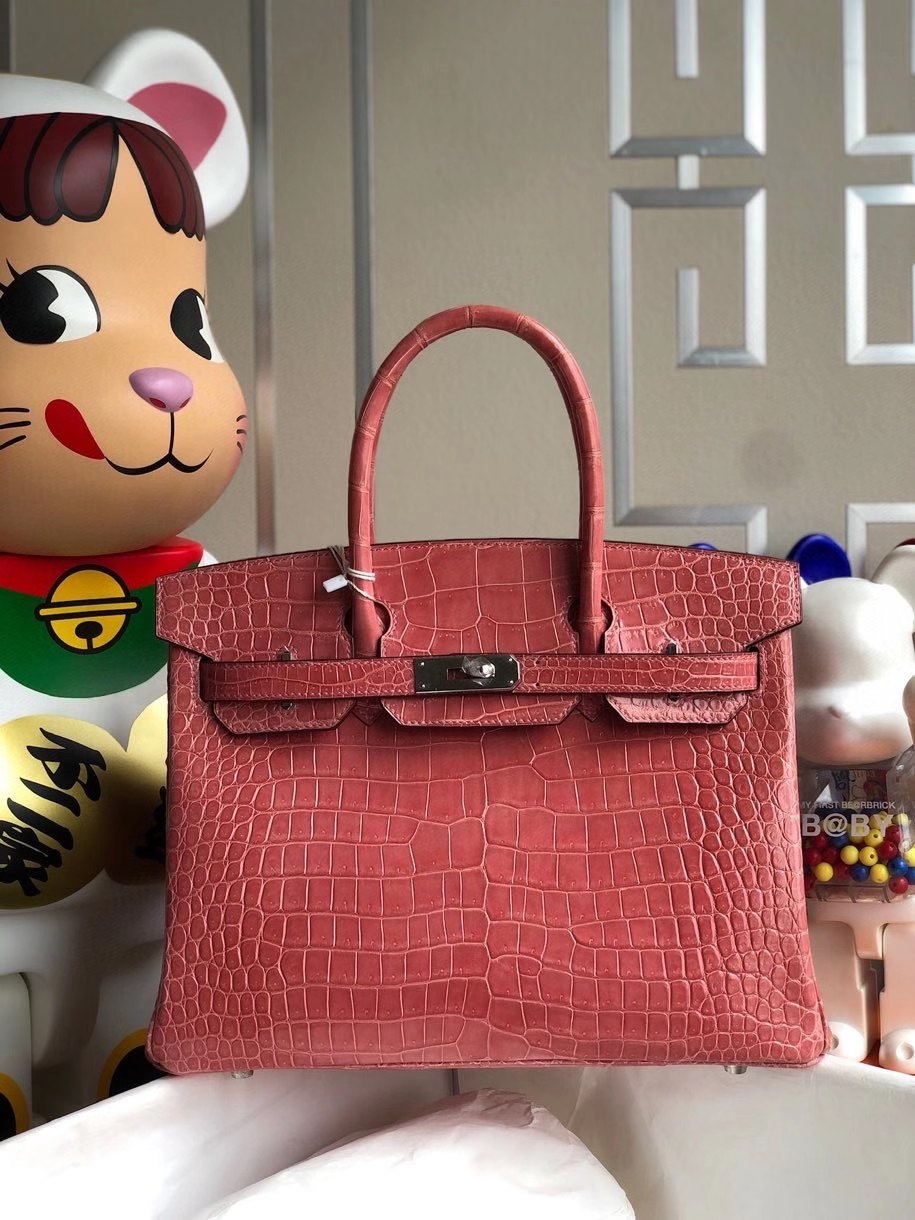 Hermès（爱马仕）Birkin 30cm Porosus shiny 亮面澳洲湾鳄 龙虾粉 银扣 顶级手缝 品相完美 现货