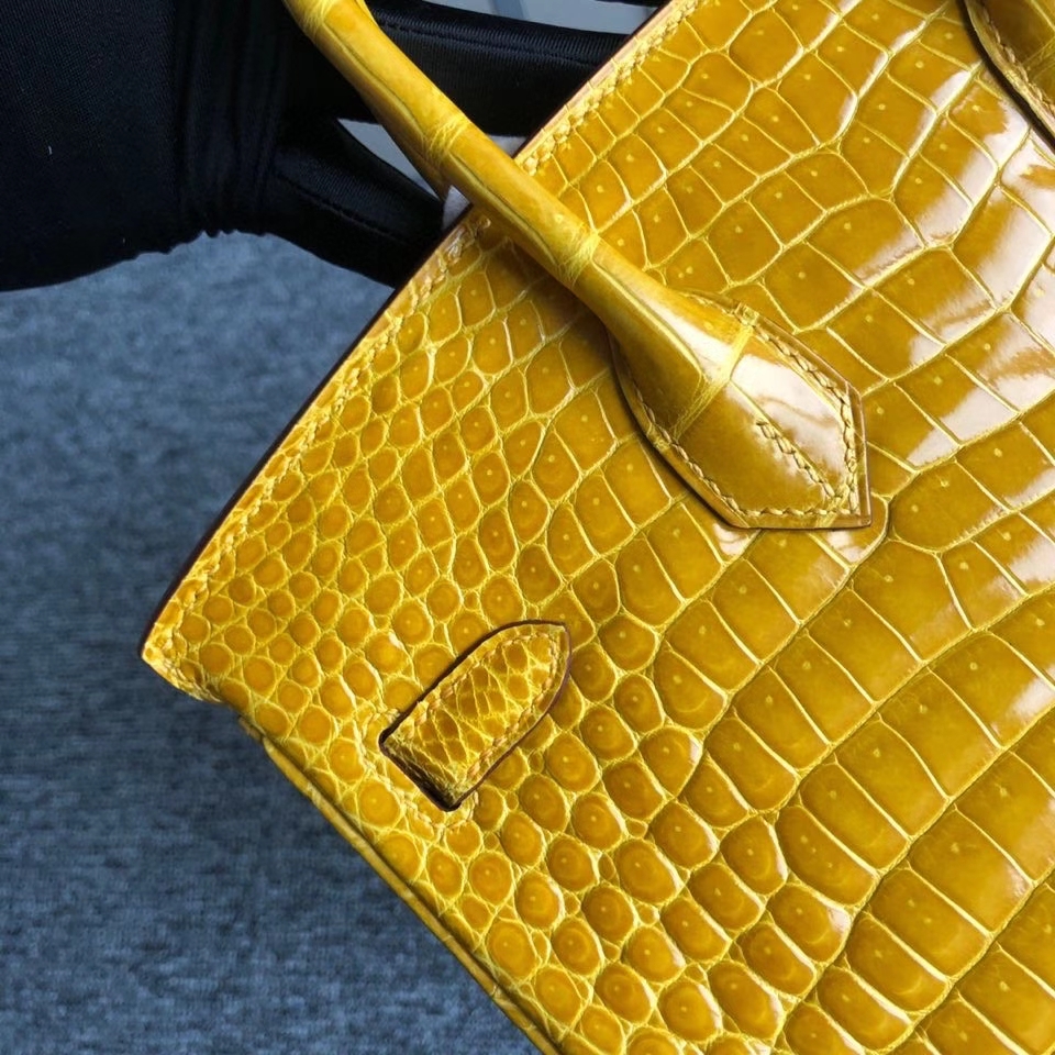 Hermès（爱马仕）Birkin 25cm Porosus shiny 亮面澳洲湾鳄 9Ｄ 琥珀黄 Ambre 金扣 顶级手缝 现货