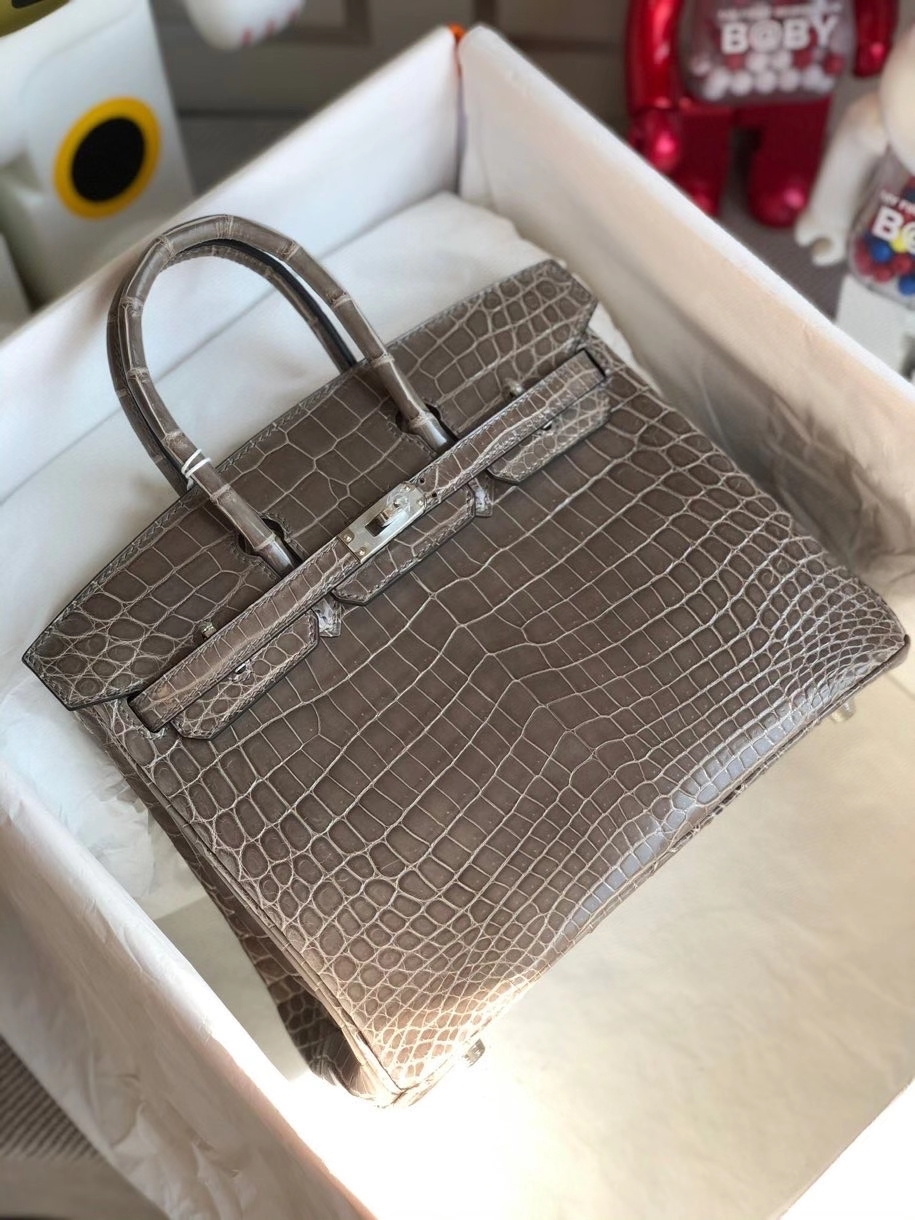 Hermès（爱马仕）Birkin 25cm Crocodile shiny 亮面鳄鱼 ck81 斑鸠灰 银扣 顶级手缝 品相完美 现货