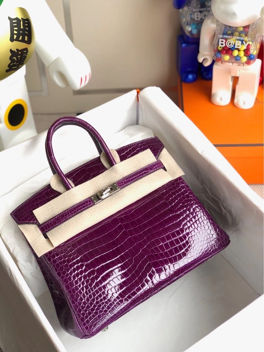 Hermès(爱马仕)Birkin 25cm Porosus shiny 亮面澳洲鳄鱼 9G紫水晶 银扣 顶级手缝 现货-拉尔森鳄鱼皮具定制 - 爱马仕包包官网 Hermès(爱马仕)Birkin 25cm Porosus shiny 亮面澳洲鳄鱼 9G紫水晶 银扣 顶级手缝 现货