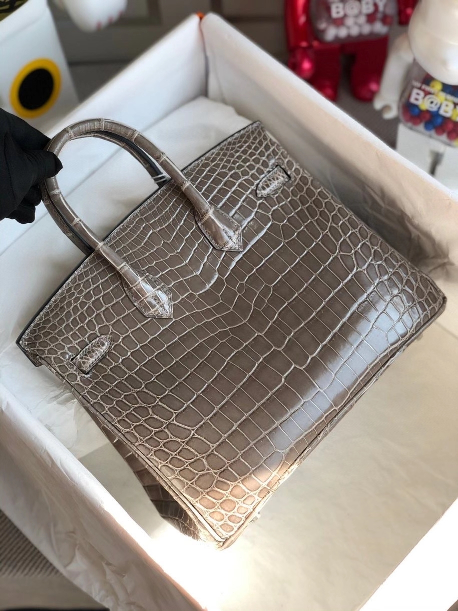 Hermès（爱马仕）Birkin 25cm Crocodile shiny 亮面鳄鱼 ck81 斑鸠灰 银扣 顶级手缝 品相完美 现货