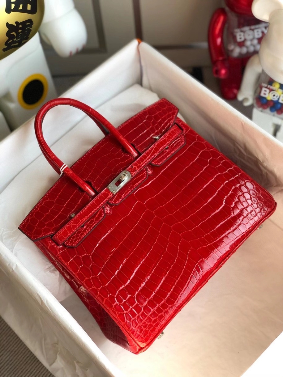 Hermès（爱马仕）Birkin 25cm Crocodile shiny 亮面鳄鱼 ck95 法拉利红 银扣 顶级手缝 现货