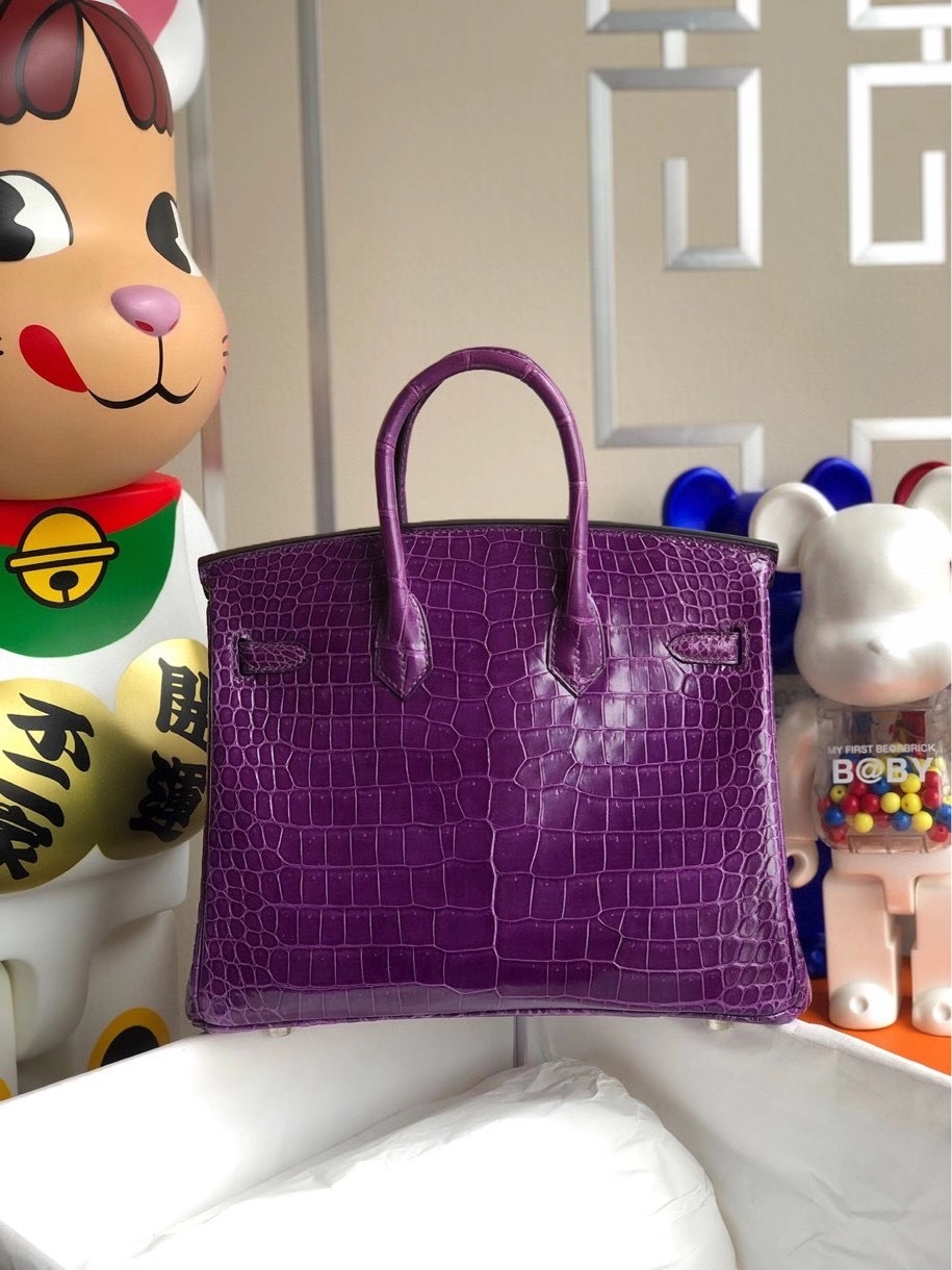 Hermès（爱马仕）Birkin 25cm Porosus shiny 亮面澳洲鳄鱼 葡萄紫 银扣 顶级手缝 现货