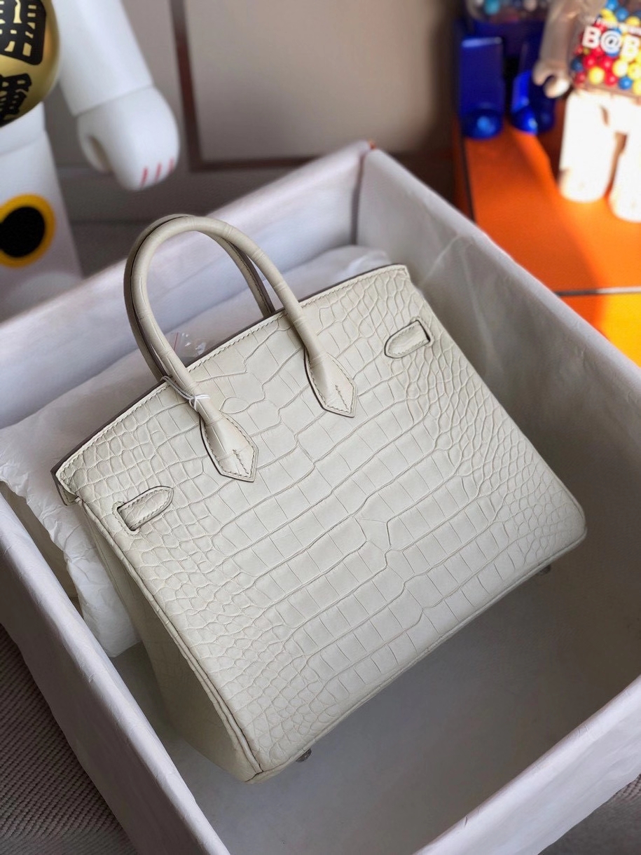 Hermès（爱马仕）Birkin 25cm Alligator matt雾面鳄鱼 8L 奶油白Beton 银扣 顶级手缝 现货