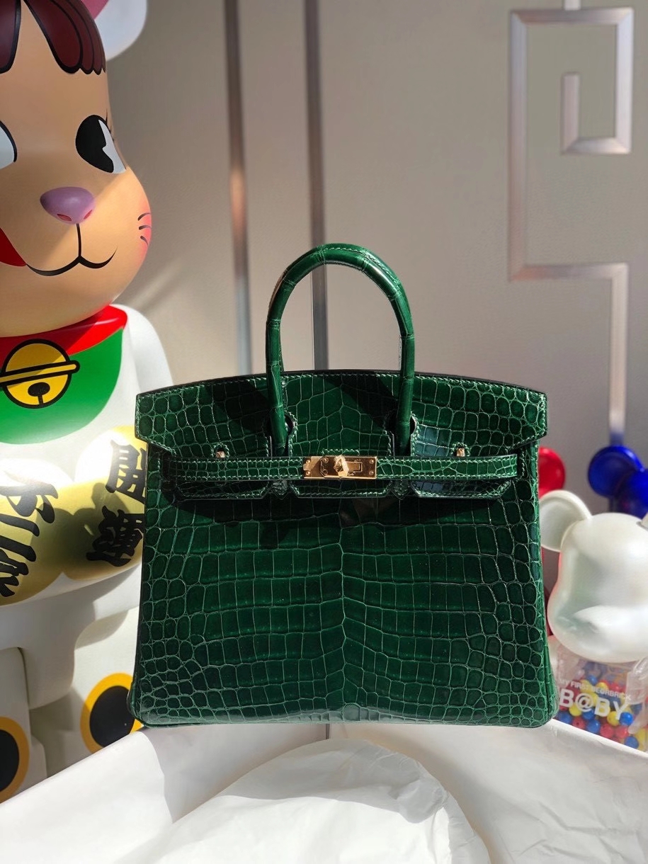 Hermès（爱马仕）Birkin 25cm Crocodile shiny 亮面鳄鱼 深翡翠绿 银扣 顶级手缝  品相完美 现货