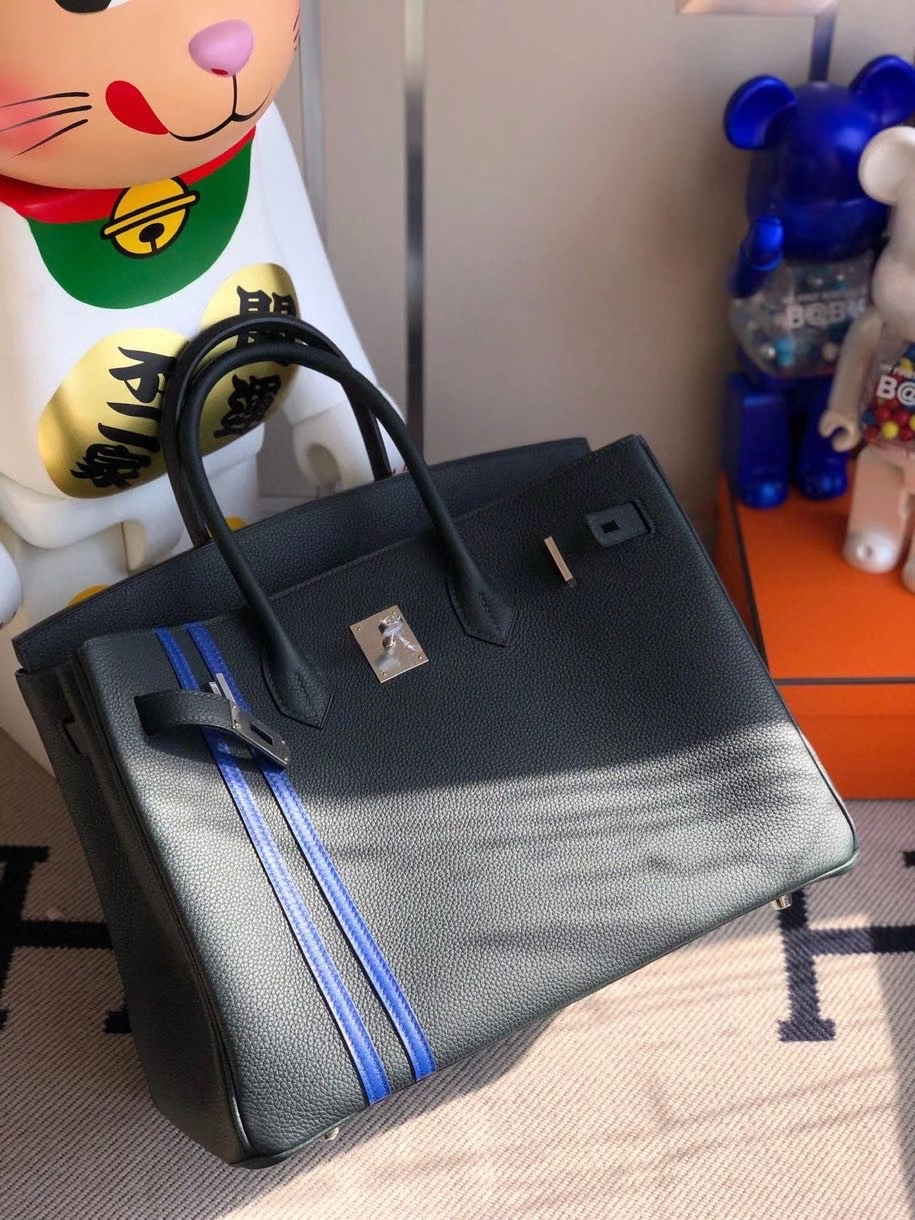 Hermès（爱马仕）Birkin 35cm 6o 柏树绿拼双杠琉璃蓝 银扣 顶级手缝 定制