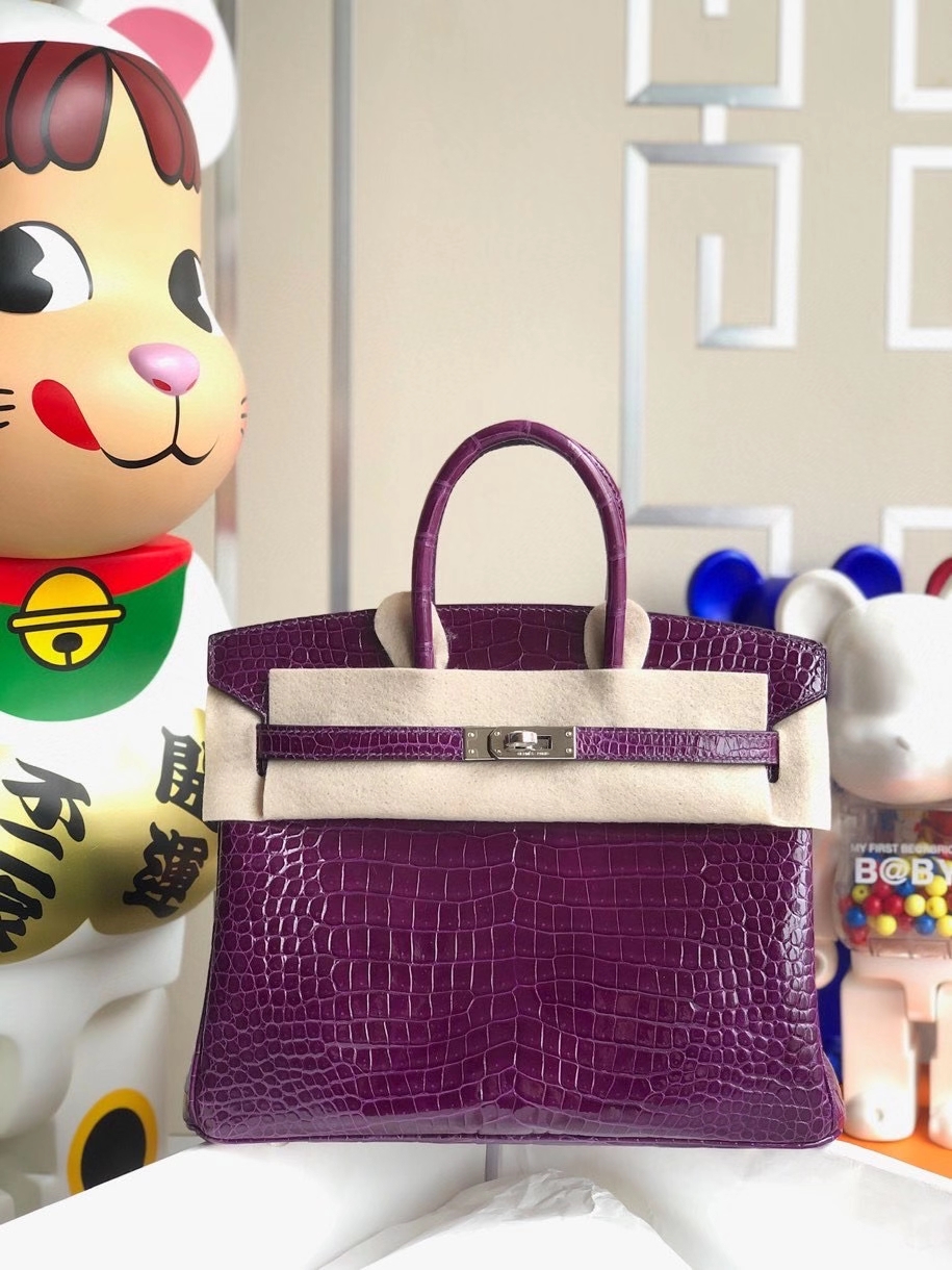 Hermès（爱马仕）Birkin 25cm Porosus shiny 亮面澳洲鳄鱼 9G紫水晶 银扣 顶级手缝 现货