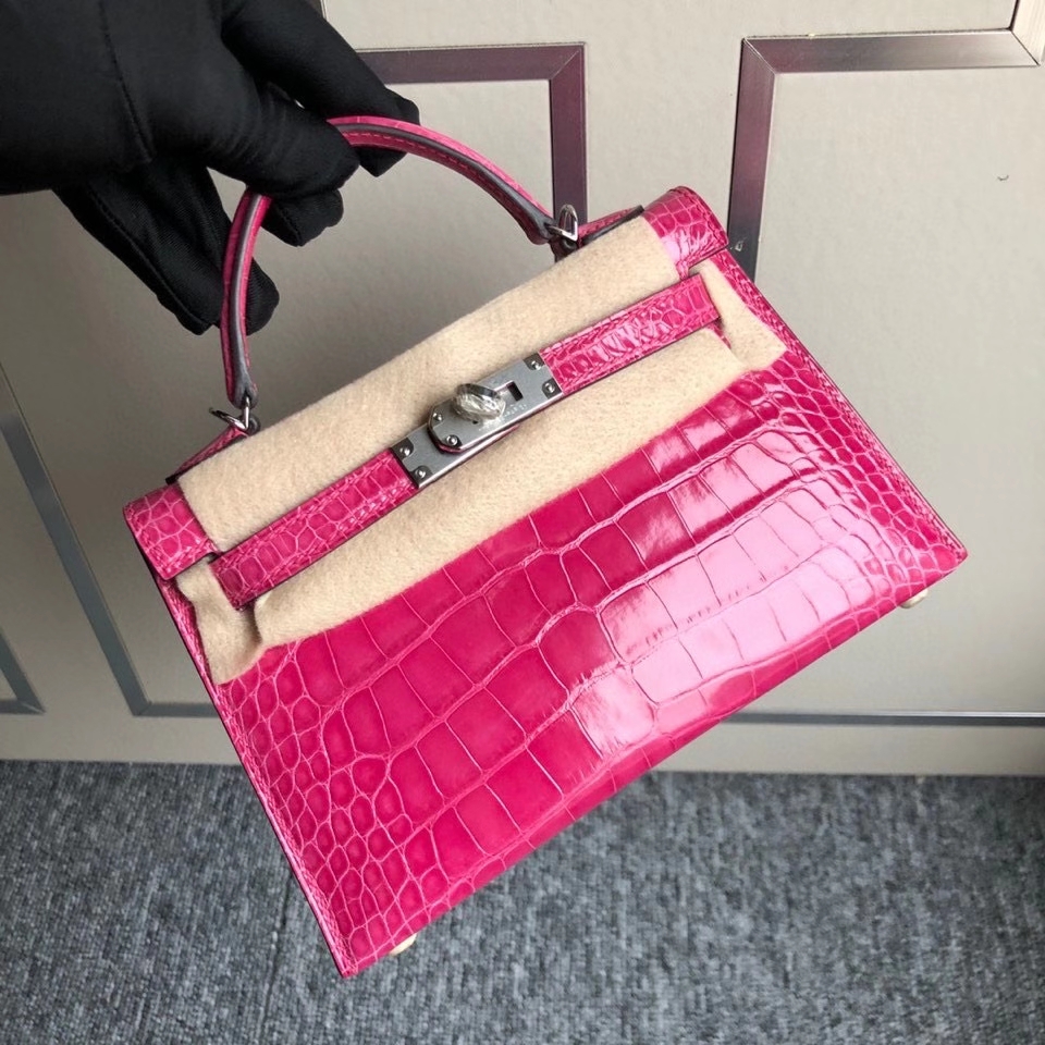 Hermès（爱马仕）Mini kelly ll Alligator shiny 亮面鳄鱼 5J 桃粉 银扣 顶级手缝 现货