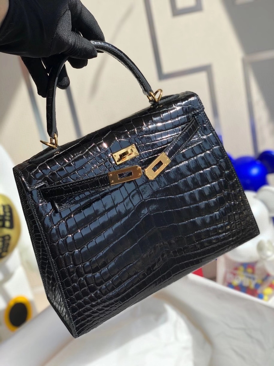 Hermès（爱马仕）Kelly 25cm Crocodile shiny 亮面鳄鱼 ck89 黑色 Noir  金扣 顶级手缝 拱珠现货