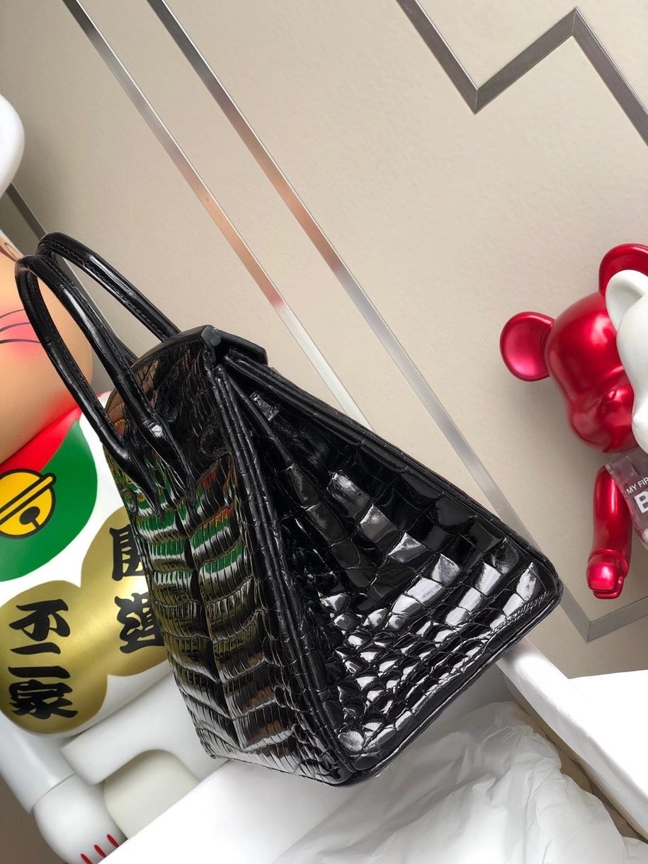 Hermès（爱马仕）Birkin 25cm Crocodile shiny 亮面鳄鱼 ck89 黑色 Noir 银扣 顶级手缝 拱珠皮 现货
