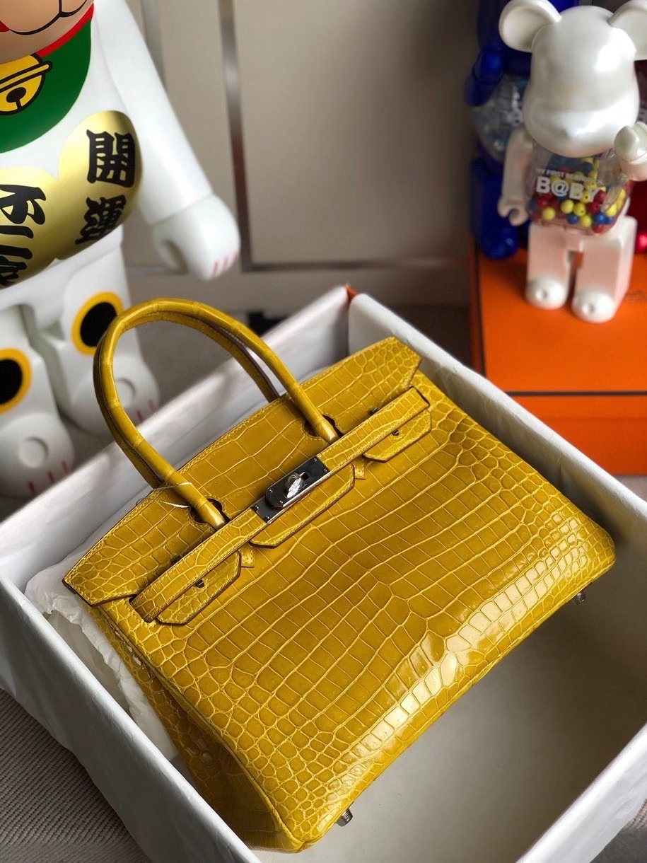 Hermès（爱马仕）Birkin 30cm Porosus shiny 亮面澳洲湾鳄9Ｄ 琥珀黄 Ambre 金扣 银扣 顶级手缝 现货