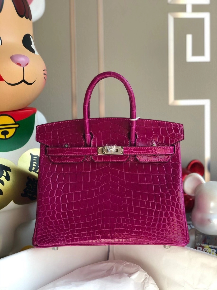 Hermès（爱马仕）Birkin 25cm Crocodile shiny 亮面鳄鱼 J5 天方夜谭粉紫 银扣 顶级手缝 现货