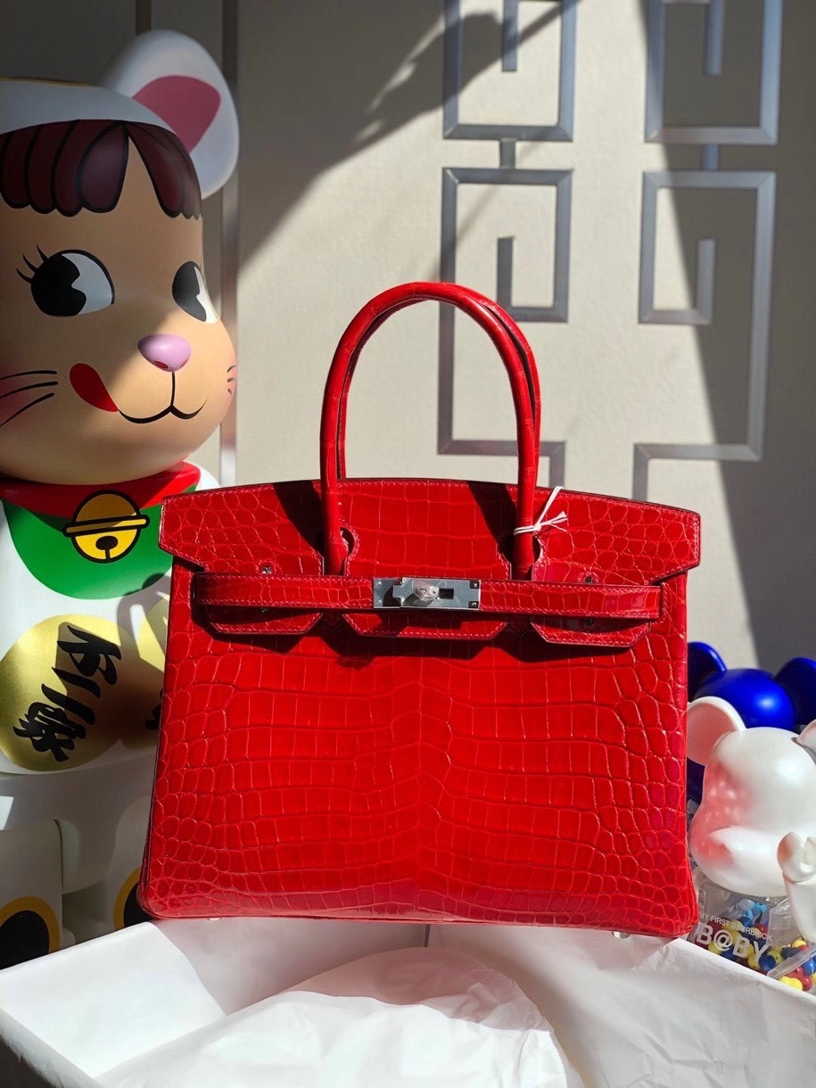Hermès（爱马仕）Birkin 30cm Crocodile shiny 亮面鳄鱼 ck95 法拉利红 Braise 银扣 顶级手缝 现货
