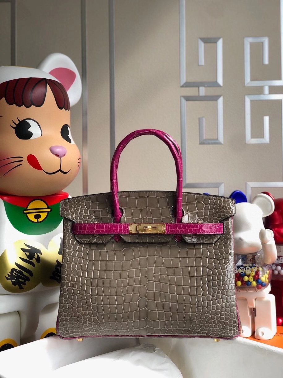 Hermès（爱马仕）Birkin 30cm 亮面澳洲湾鳄 ck81 斑鸠灰 gris T 拼 J5 天方夜谭粉紫 金扣 马蹄印 顶级手缝 现货