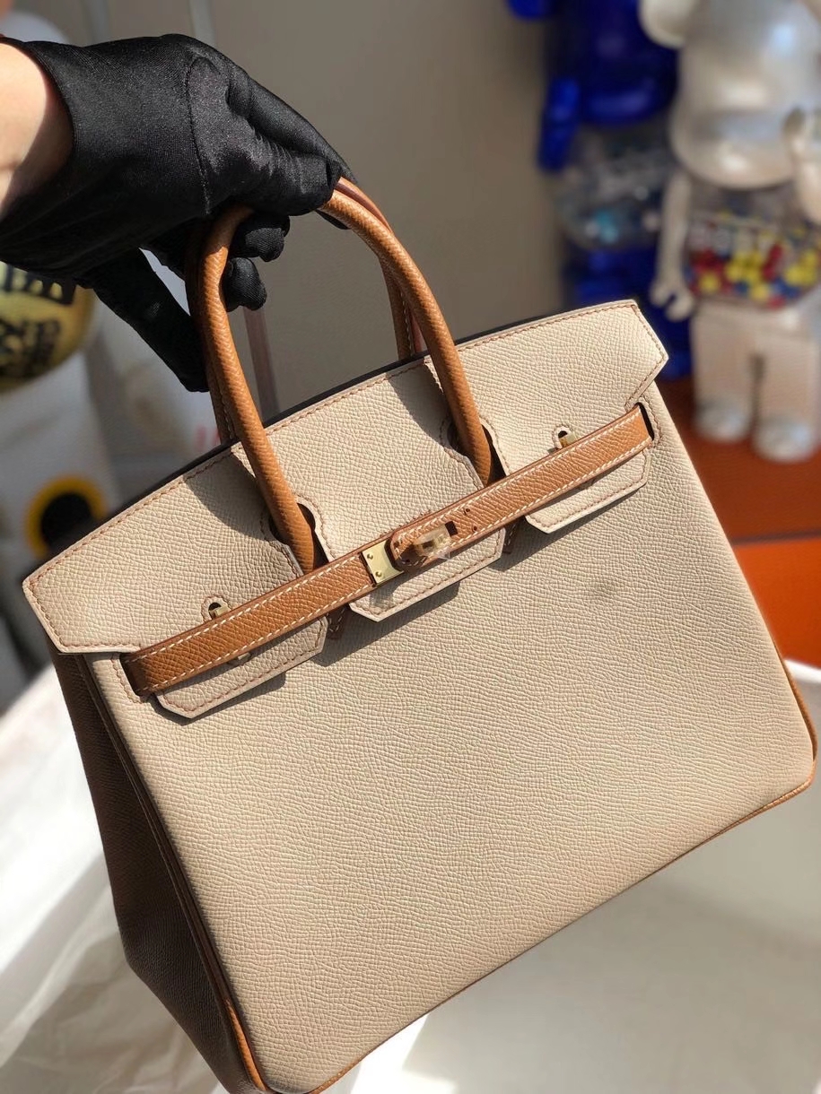 Hermès（爱马仕）Birkin 25cm Epsom 原厂掌纹皮  S2 风衣灰拼 ck37 金棕色 金扣 马蹄印 顶级手缝