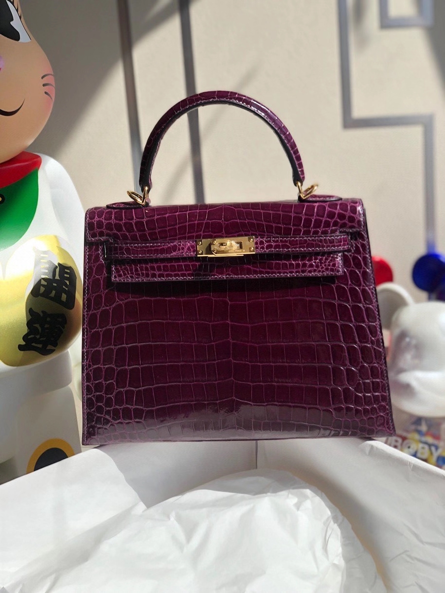 Hermès（爱马仕）Kelly 25cm Crocodile shiny 亮面鳄鱼 N5 加仑紫 金扣 顶级手缝 现货