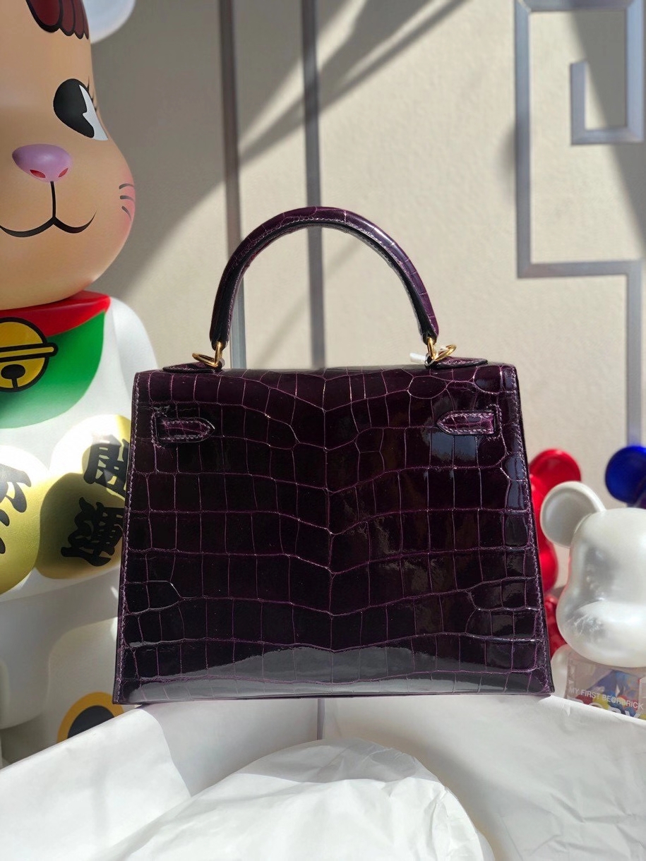 Hermès（爱马仕）Kelly 25cm Crocodile shiny 亮面鳄鱼 9G葡萄紫 金扣 顶级手缝 现货