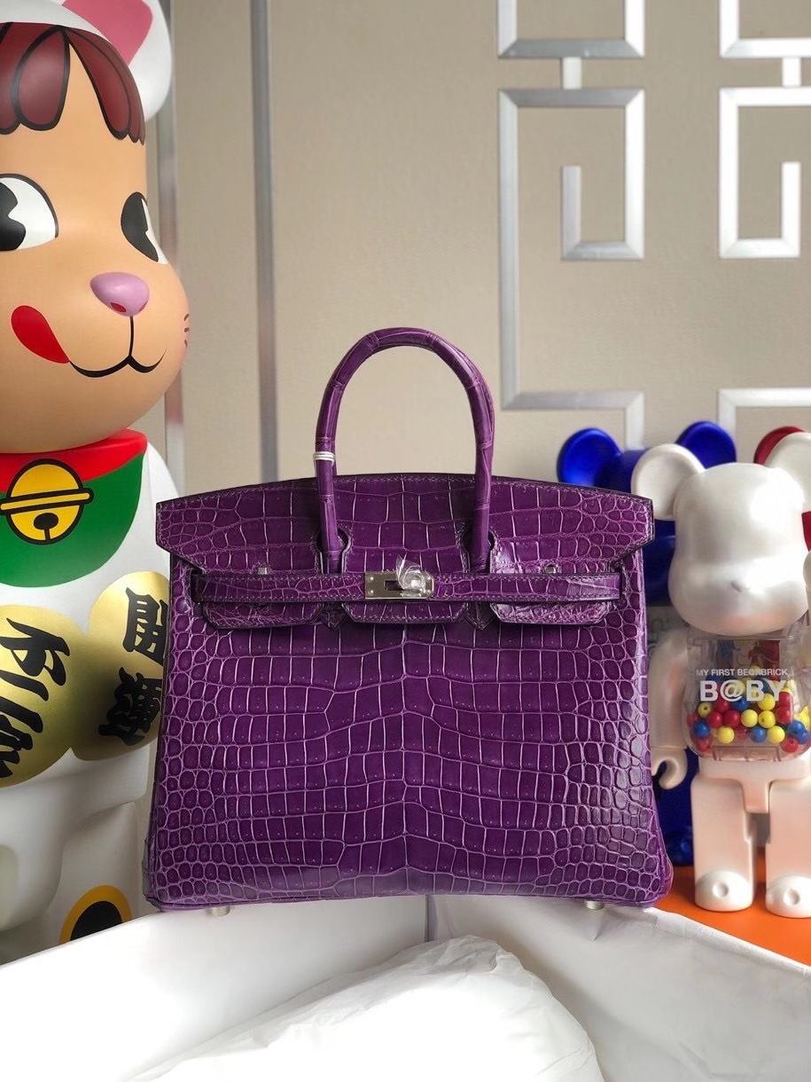 Hermès（爱马仕）Birkin 25cm Porosus shiny 亮面澳洲鳄鱼 葡萄紫 银扣 顶级手缝 现货