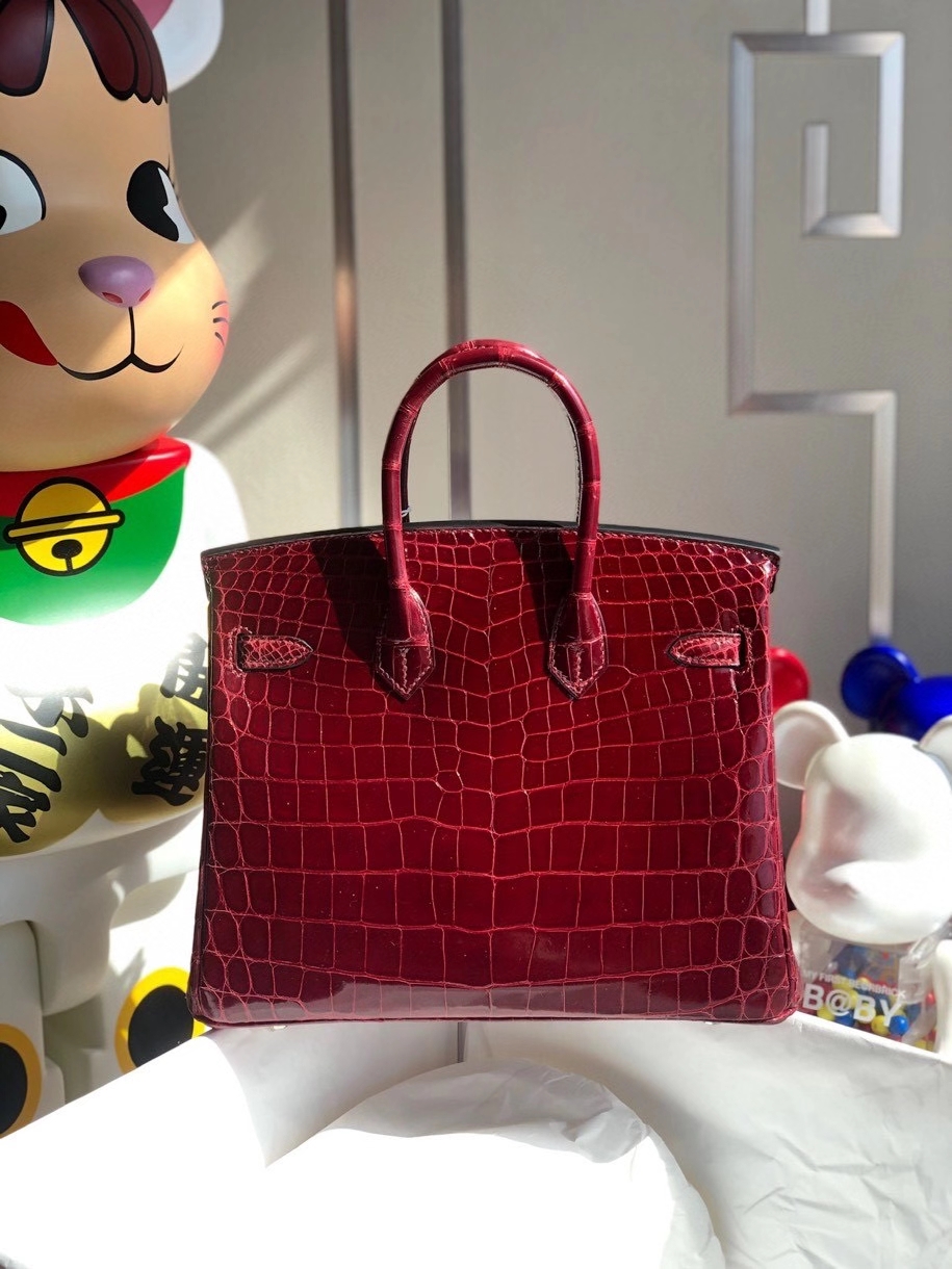 Hermès（爱马仕）Birkin 25cm Crocodile shiny 亮面鳄鱼  F5 勃艮第酒红 银扣  顶级手缝 品相完美 现货