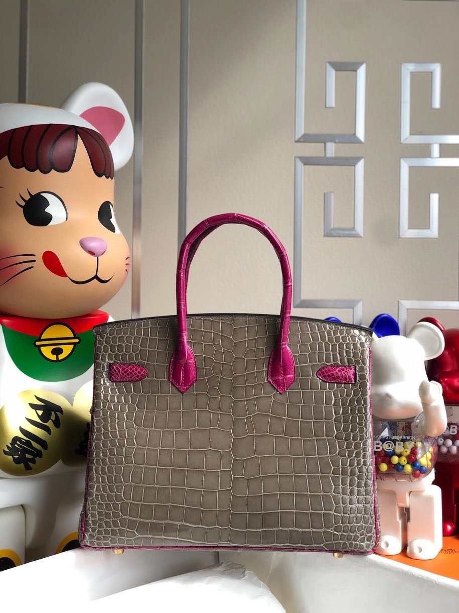 Hermès（爱马仕）Birkin 30cm 亮面澳洲湾鳄 ck81 斑鸠灰 gris T 拼 J5 天方夜谭粉紫 金扣 马蹄印 顶级手缝 现货
