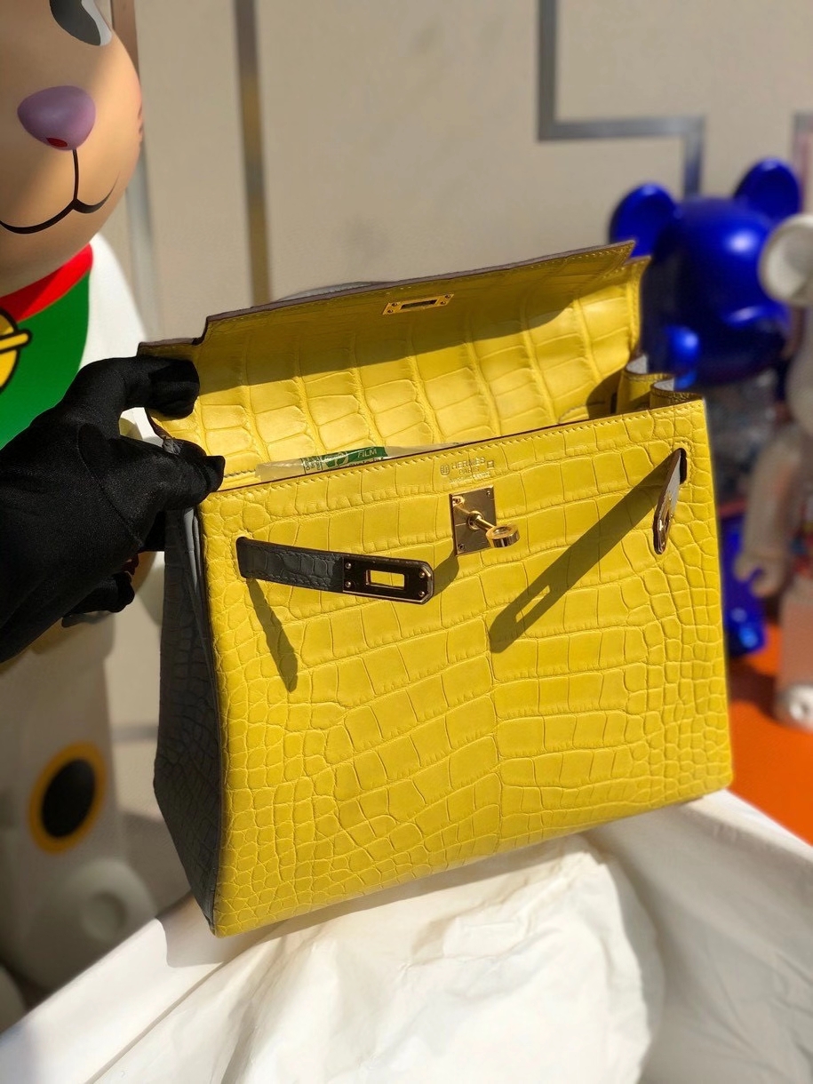 Hermès(爱马仕)Kelly 25cm Alligator matt 雾面鳄鱼 M9 金盏花黄拼4Z海鸥灰 金扣 马蹄印 顶级手缝 现货-拉尔森鳄鱼皮具定制 - 爱马仕包包官网 Hermès(爱马仕)Kelly 25cm Alligator matt 雾面鳄鱼 M9 金盏花黄拼4Z海鸥灰 金扣 马蹄印 顶级手缝 现货