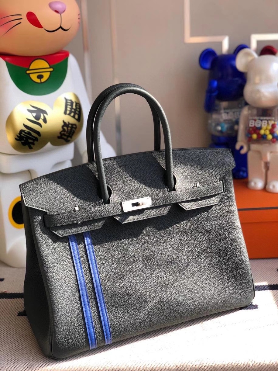 Hermès（爱马仕）Birkin 35cm 6o 柏树绿拼双杠琉璃蓝 银扣 顶级手缝 定制