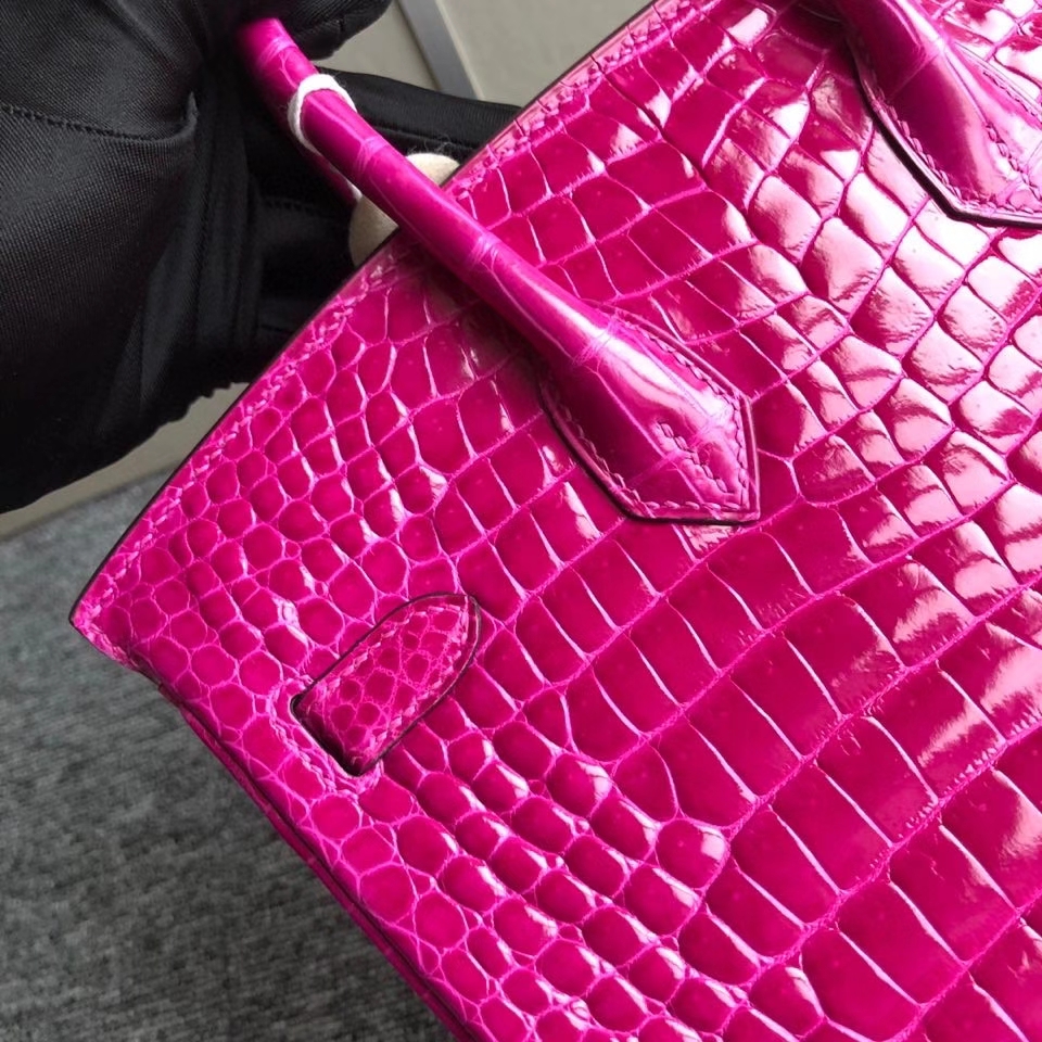Hermès（爱马仕）Birkin 25cm Porosus shiny 亮面澳洲湾鳄 J5 天方夜谭粉紫  金扣 顶级手缝 现货
