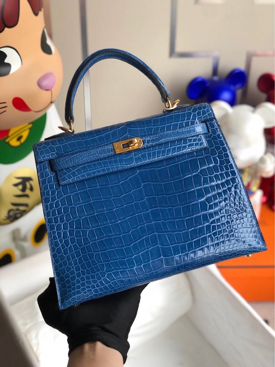 Hermès（爱马仕）Kelly 25cm Porosus shiny 亮面澳洲湾鳄 7Ｑ希腊蓝 Mykonos 金扣 顶级手缝 现货