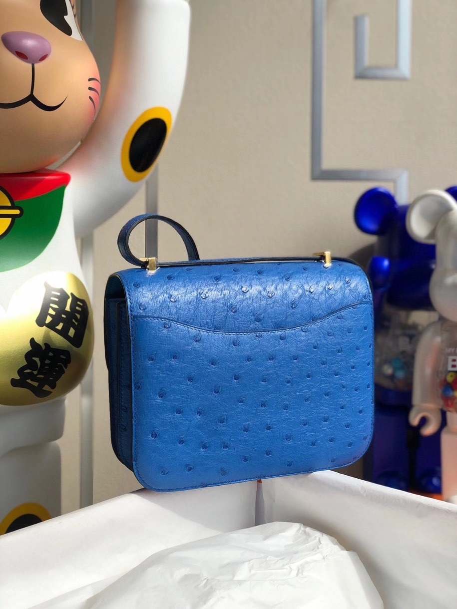 Hermès（爱马仕）Constance 18cm Ostrich kk 鸵鸟 7Ｑ 希腊蓝 金扣 顶级手缝 现货