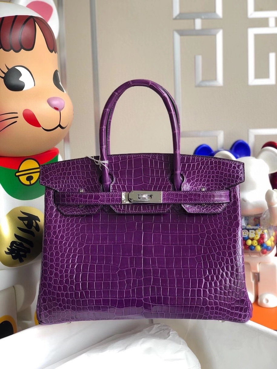 Hermès（爱马仕）Birkin 30cm Porosus shiny 亮面澳洲湾鳄 紫水晶 银扣 顶级手缝 品相完美 现货
